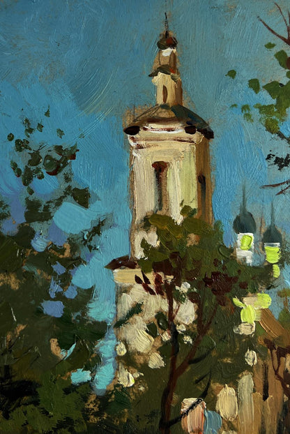 Oil painting of Yuriy Suprunchuk monastery towers with cream stone spire