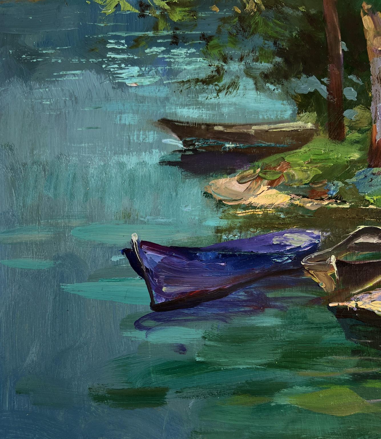 Oil painting by Yuriy Suprunchuk: purple rowboat on turquoise river by forest shore