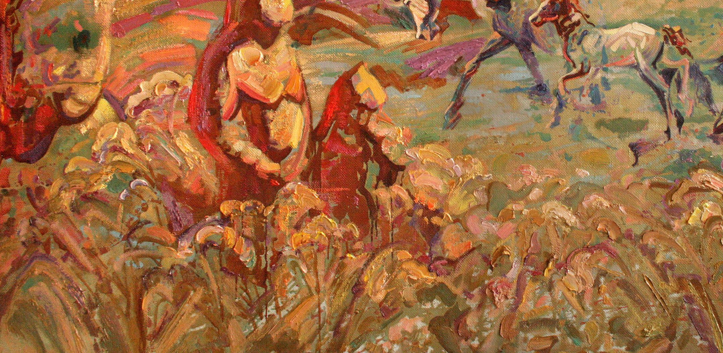Oil painting In the Steppe by Leonid Pavlenko in vibrant red gold grass