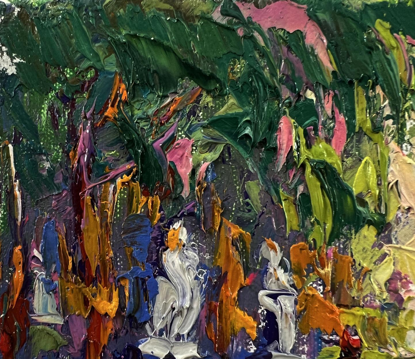 Oil painting Walk in the Park by Oleksiy Ivanyuk with green foliage and abstract figures