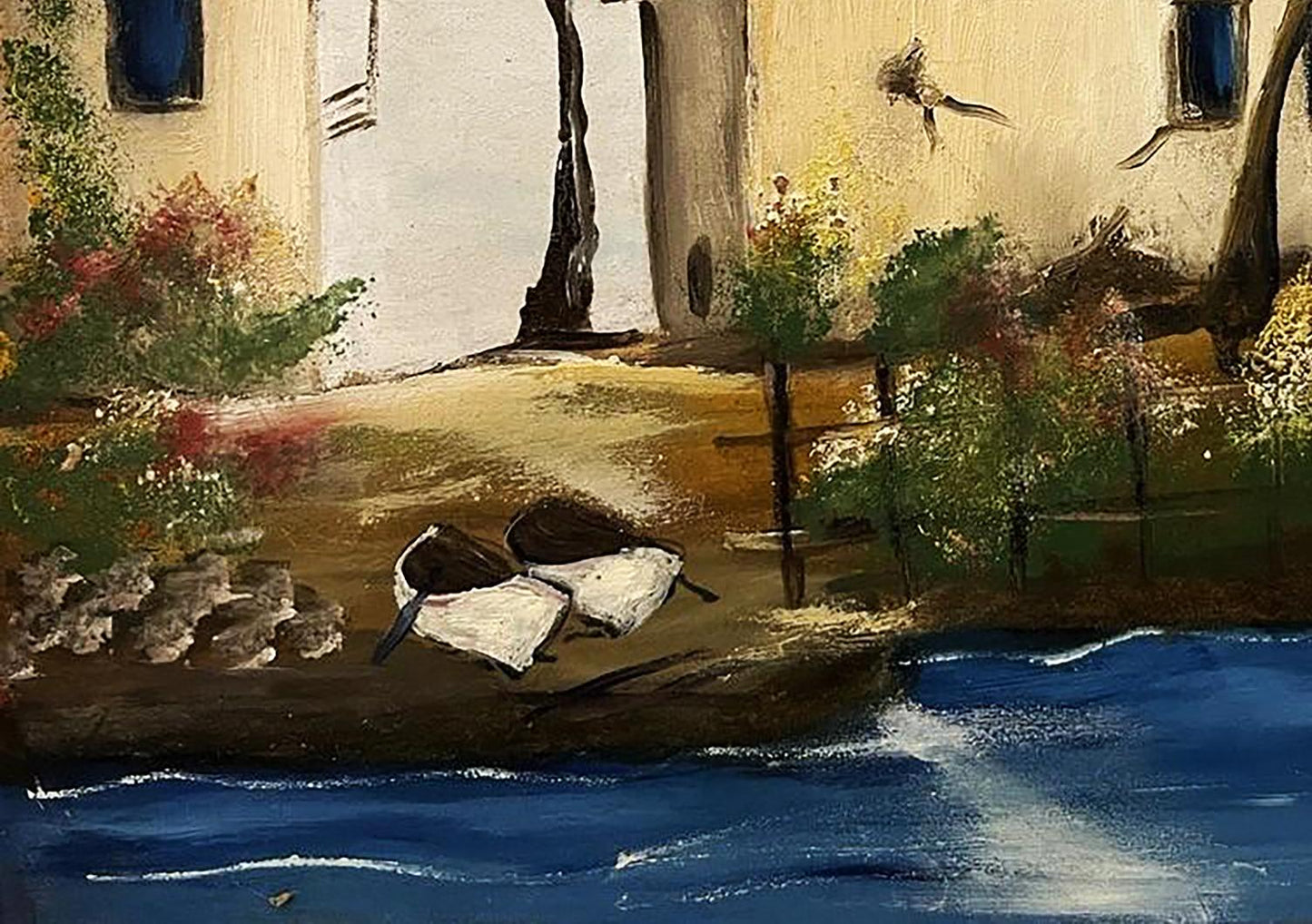 Oil painting of houses by the sea with duck decoys on muddy bank