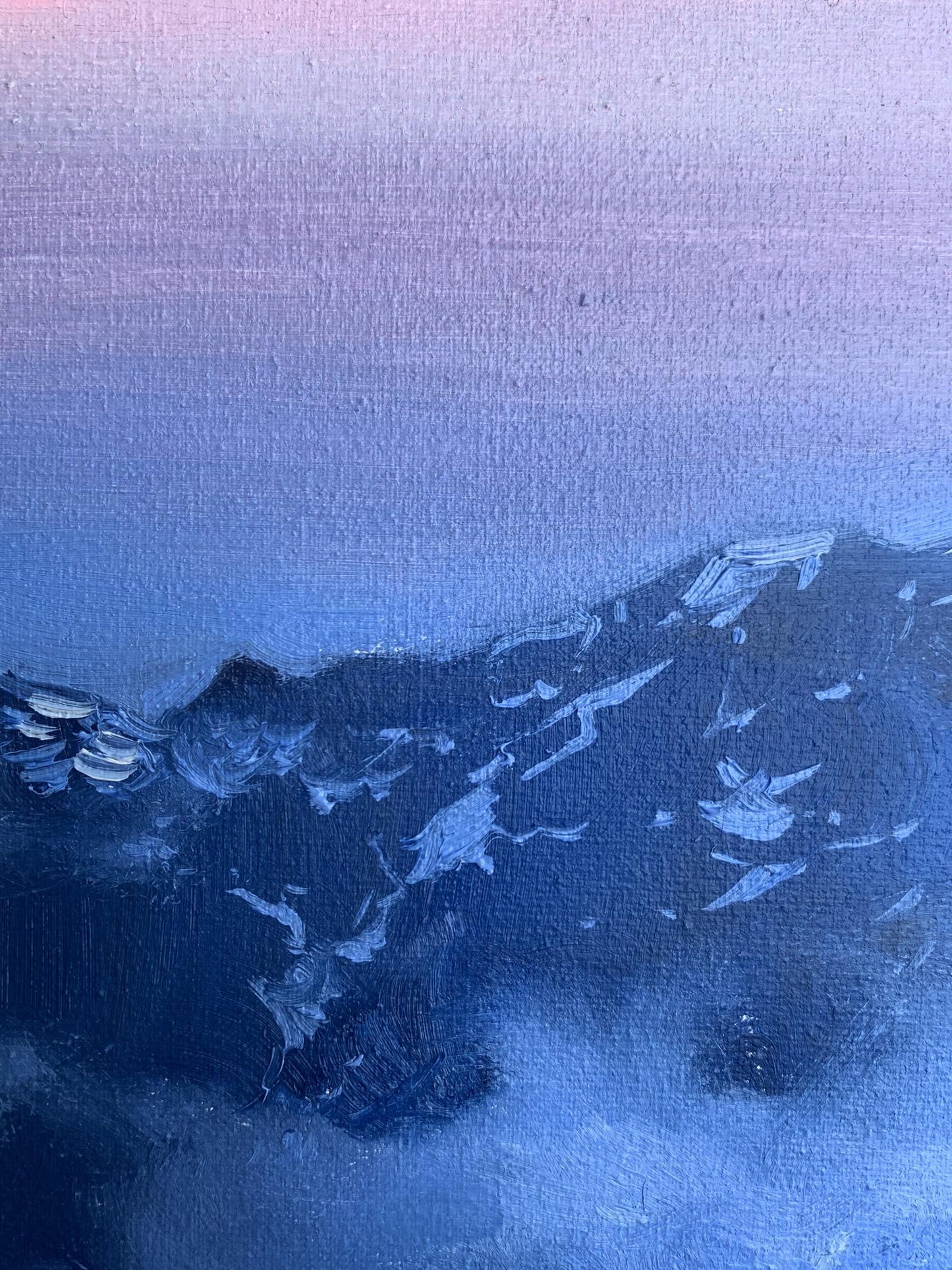 Oil painting Snowy Mountains by Tatyana Derdey with pink-blue gradient sky