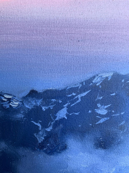 Oil painting Snowy Mountains by Tatyana Derdey with pink-blue gradient sky
