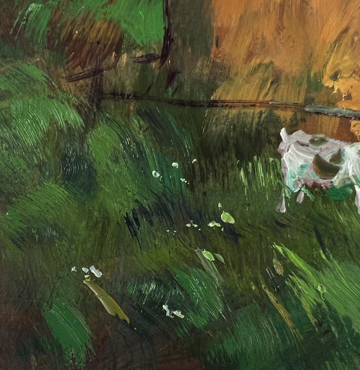 Oil painting of white cow with brown patches in green field by Yuriy Suprunchuk