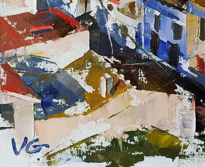 Oil painting Early morning in the city by Volodymyr Gluhomanyuk, abstract expressionist blues and reds
