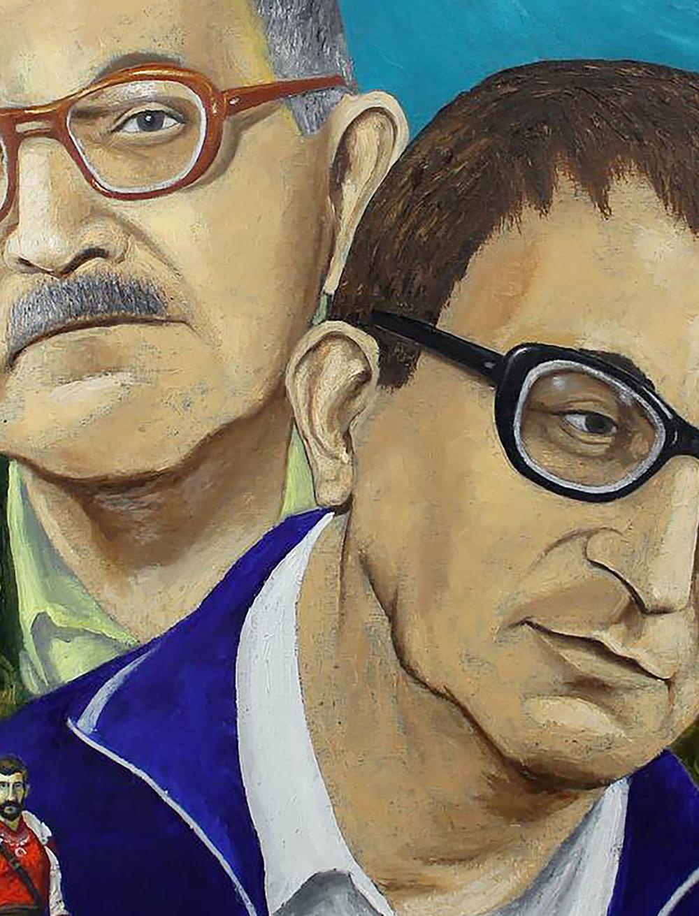 Oil painting of emotional brothers portraits by Andrii Klishyn, red glasses, blue jacket