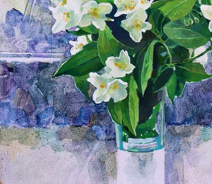 Oil painting of white jasmine bouquet in glass vase by Anastasia Yaroshevich