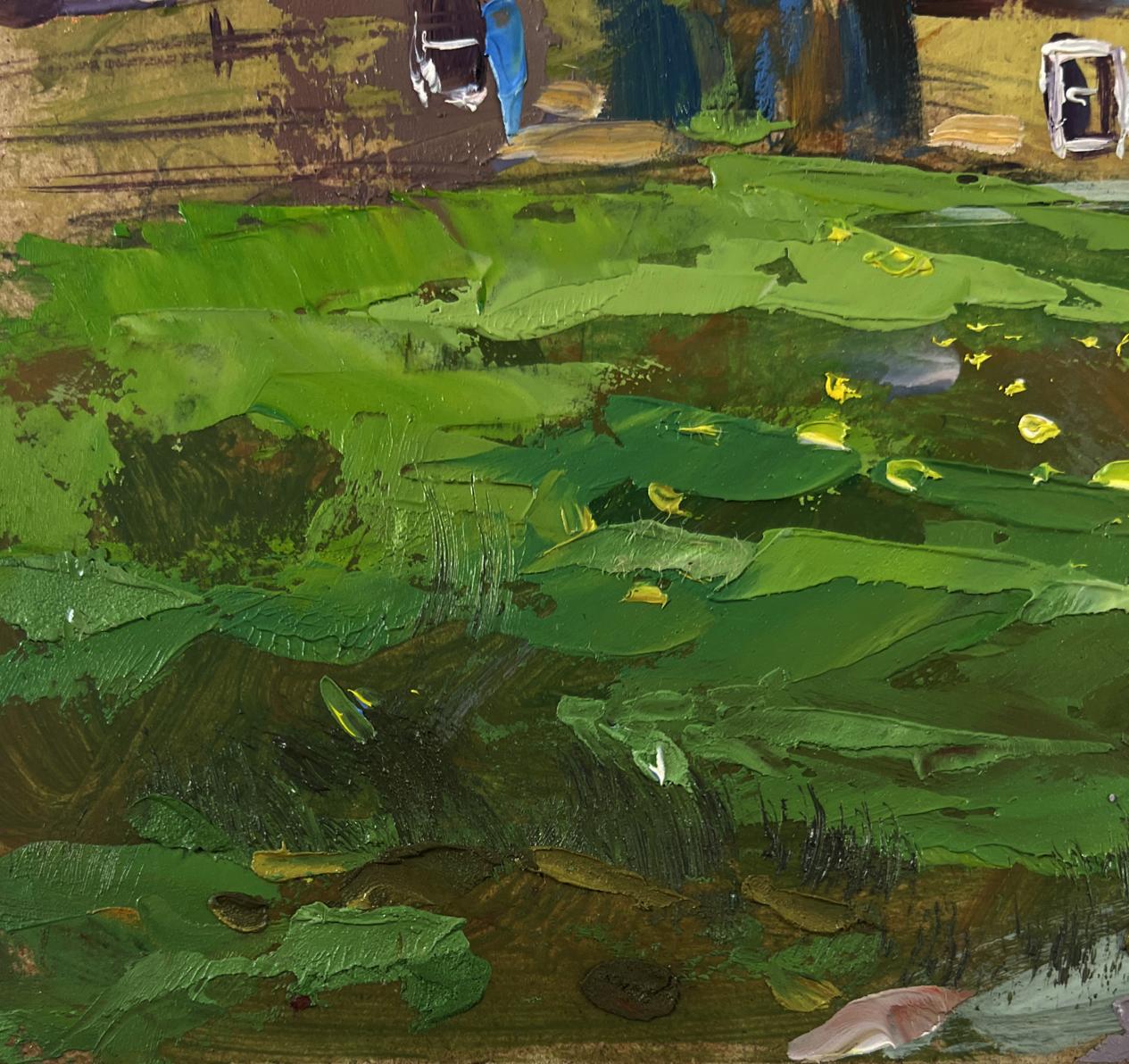 Textured impressionistic oil painting of lily pad pond by Yuriy Suprunchuk