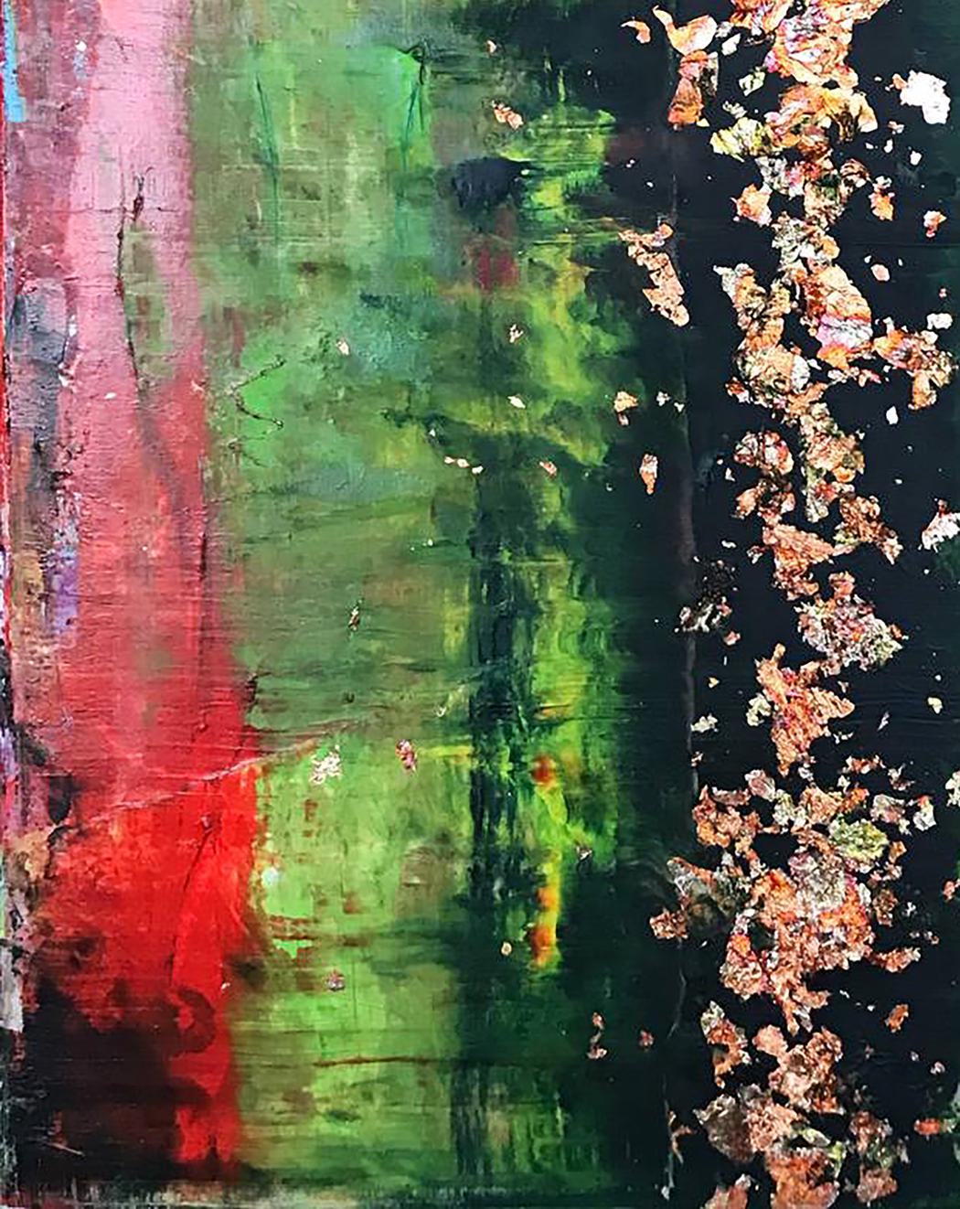 Acrylic painting Burlesque by Olga Melezhik with red green bands and rust flakes