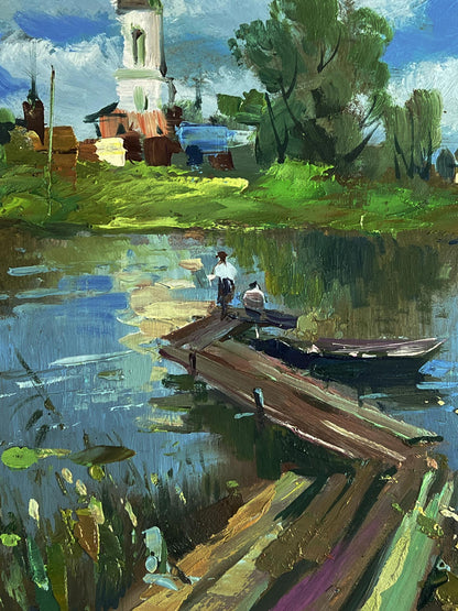 Oil painting of rustic dock on reflective lake by Yuriy Suprunchuk