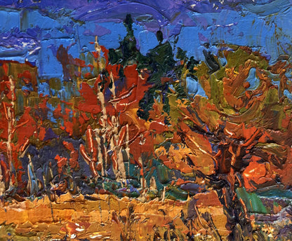 Vibrant impressionist oil painting Autumn mood near the river by Oksana Ivanyuk