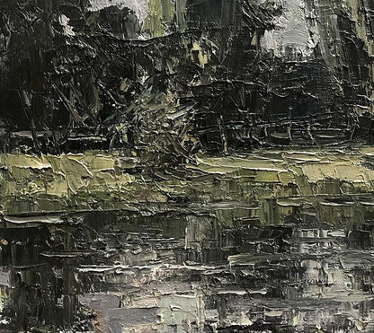 Oil painting River Etude by Volodymyr Pashchenko abstract expressionist black green gray