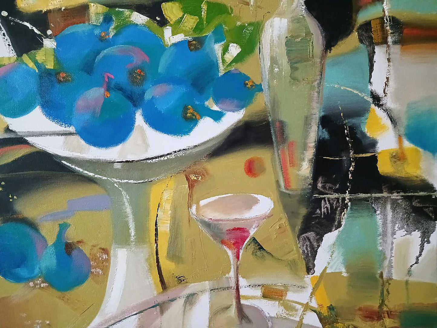 Abstract oil painting of vibrant blue fruit bowl by Anatoly Tarabanov