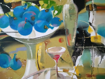 Abstract oil painting of vibrant blue fruit bowl by Anatoly Tarabanov