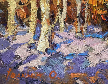 Snow-covered birch forest oil painting by Oleksiy Ivanyuk
