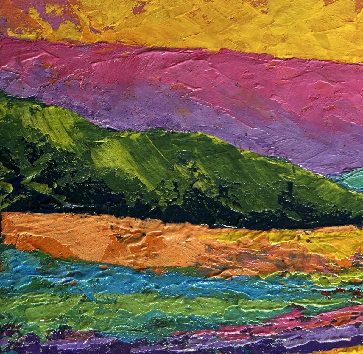 Vibrant abstract oil painting The sun in the embrace of the mountain by V. Zadorozhnya