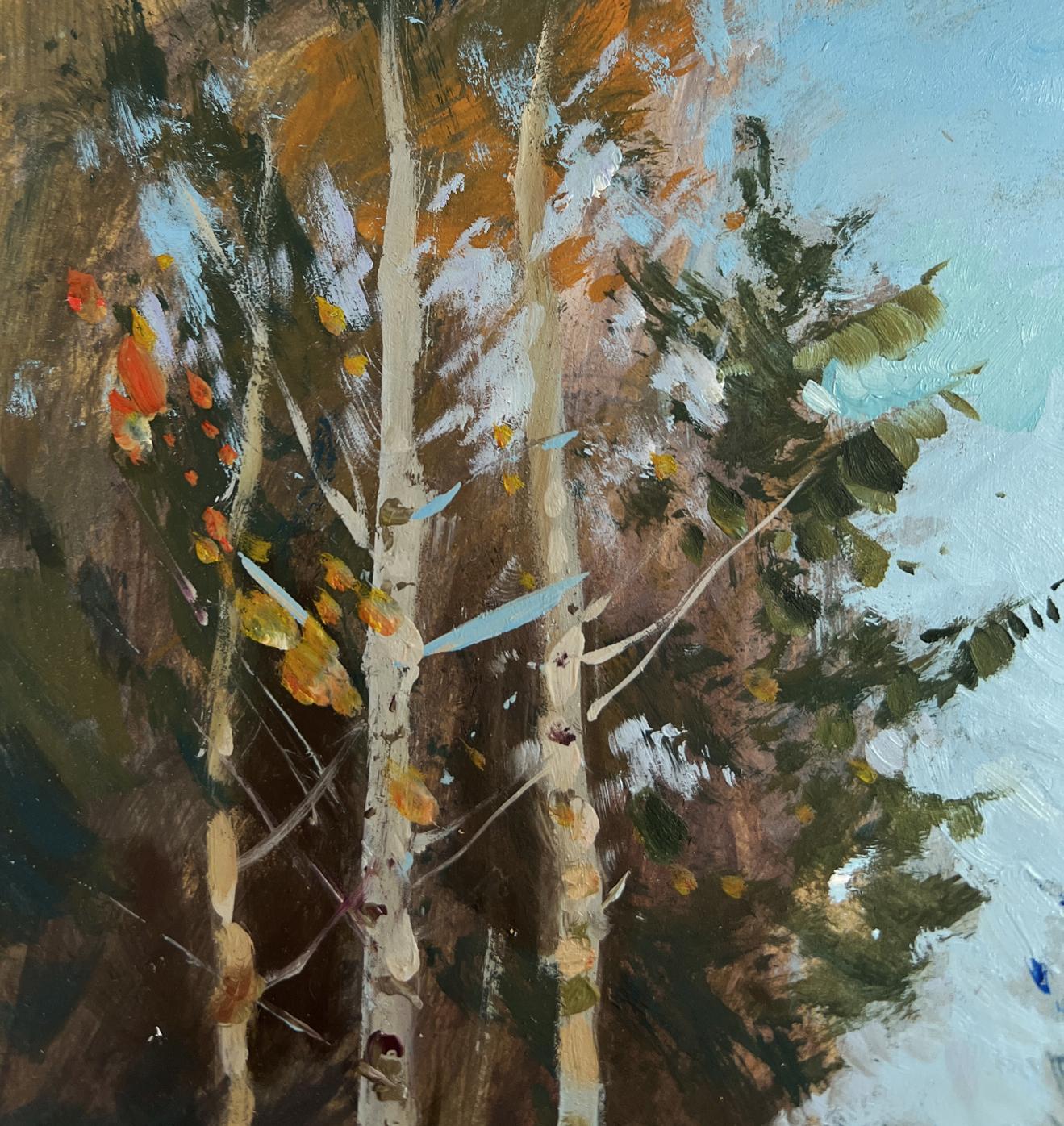 Oil painting Rest in the winter forest by Yuriy Suprunchuk, impressionistic birch trees
