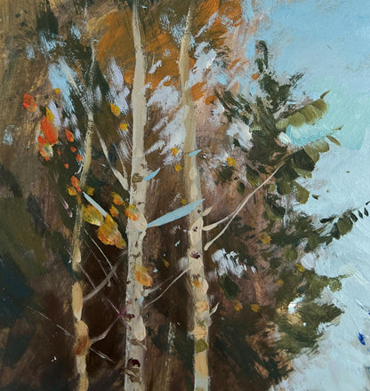 Oil painting Rest in the winter forest by Yuriy Suprunchuk, impressionistic birch trees