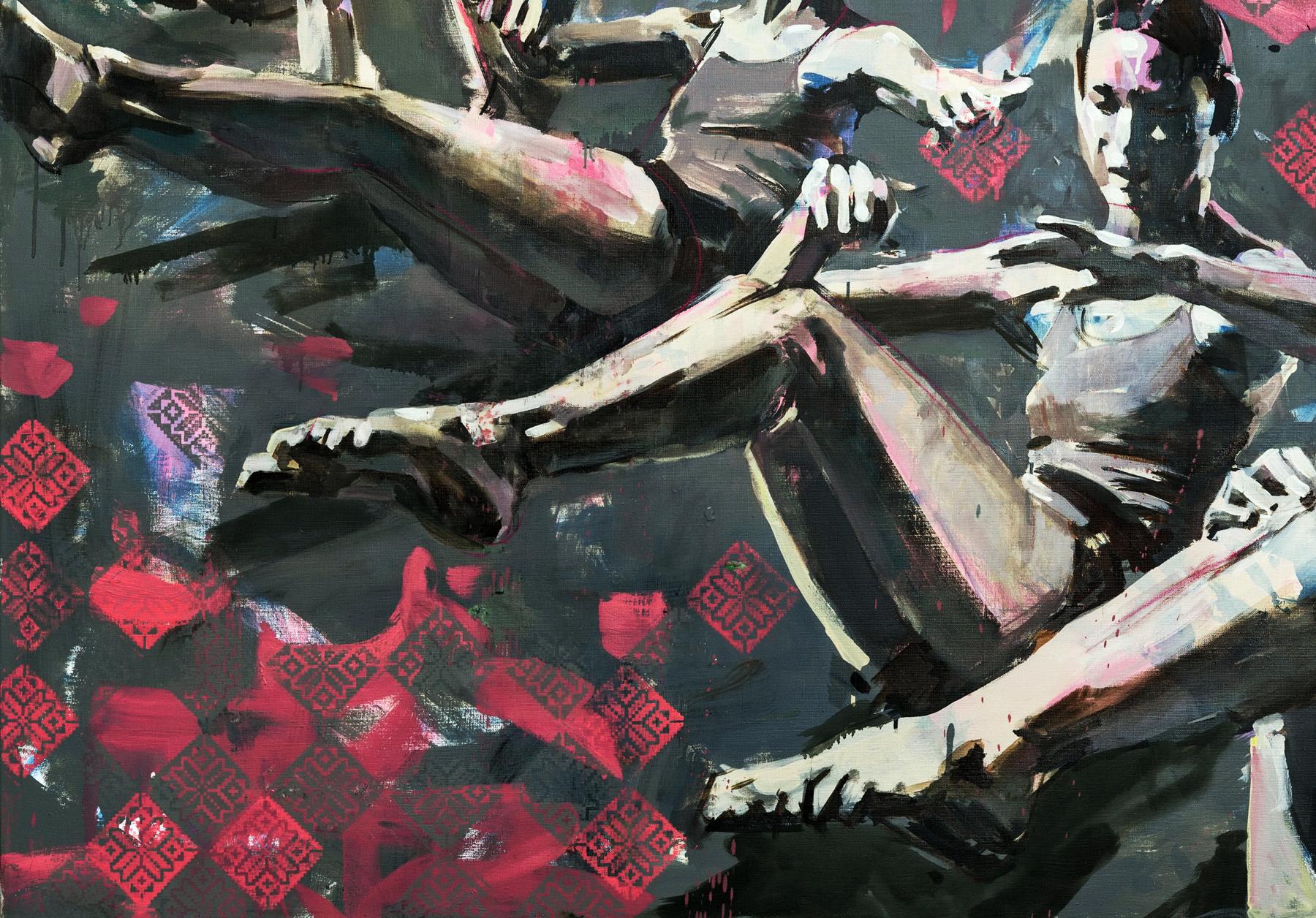 Oil painting by Ed Potapenkov: stylized figures, red patterns on dark background