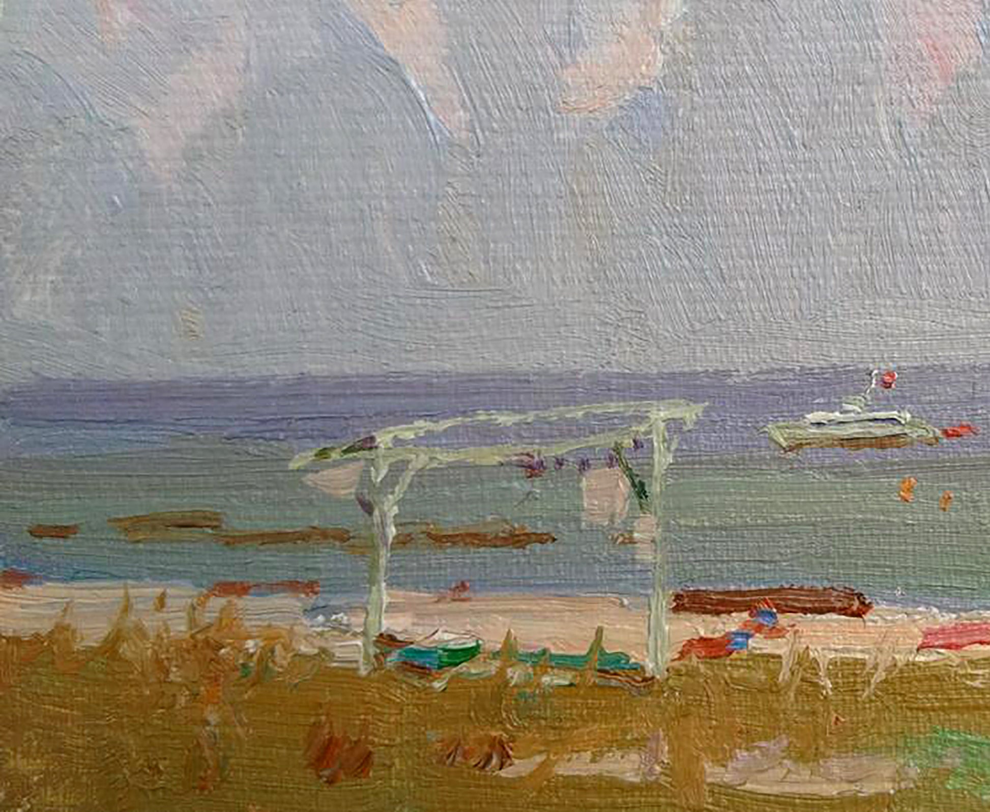 Oil painting of white wooden arbor on sandy beach by Yury Konovalov