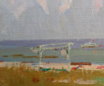 Oil painting of white wooden arbor on sandy beach by Yury Konovalov
