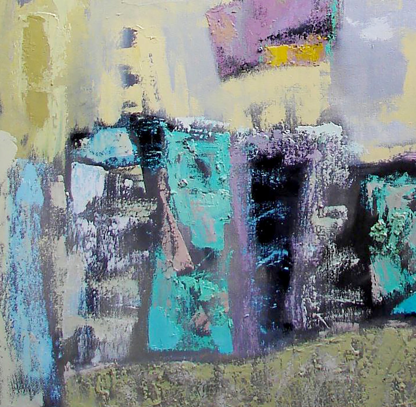 Oil painting Weaving by Tatyana Shulyak with teal purple yellow black strokes
