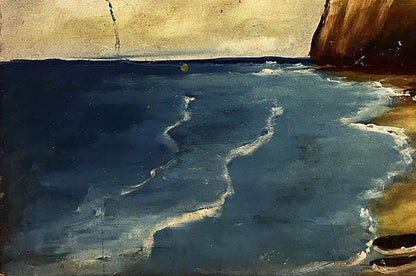 Textured oil painting of coastal house on hill with waves and cliffs