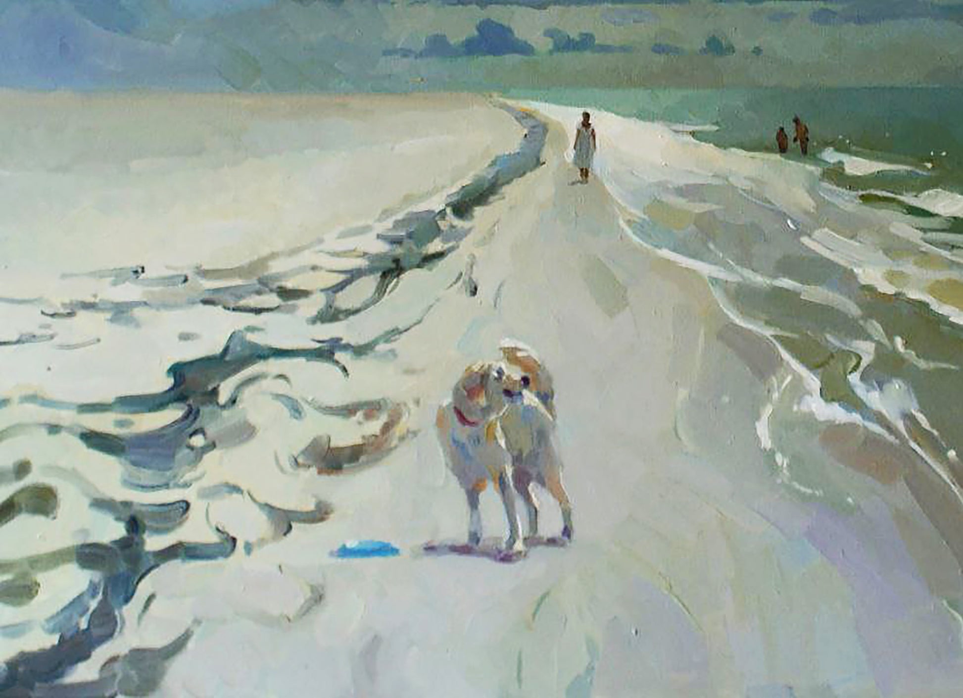 Oil painting Near the sea by Anastasia Yaroshevich: two dogs on beach