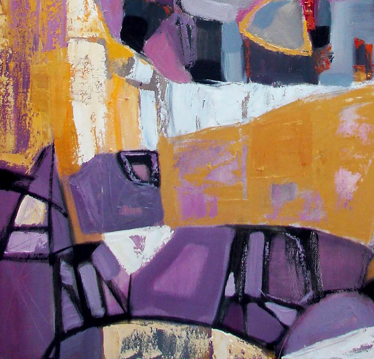 Oil painting Lilac geometry by Tatyana Shulyak, yellow purple white blocks