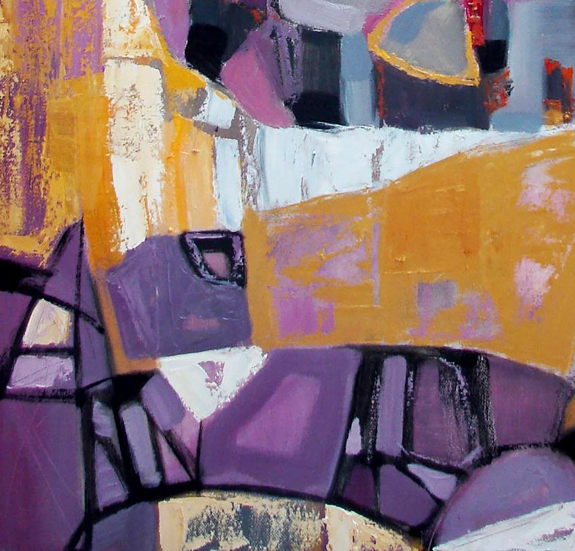 Oil painting Lilac geometry by Tatyana Shulyak, yellow purple white blocks