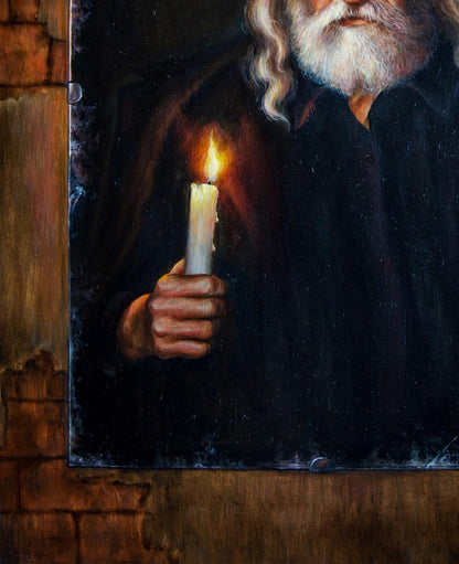 Oil painting Old mirror Valeriy Bulat with white candle flickering flame in bearded man