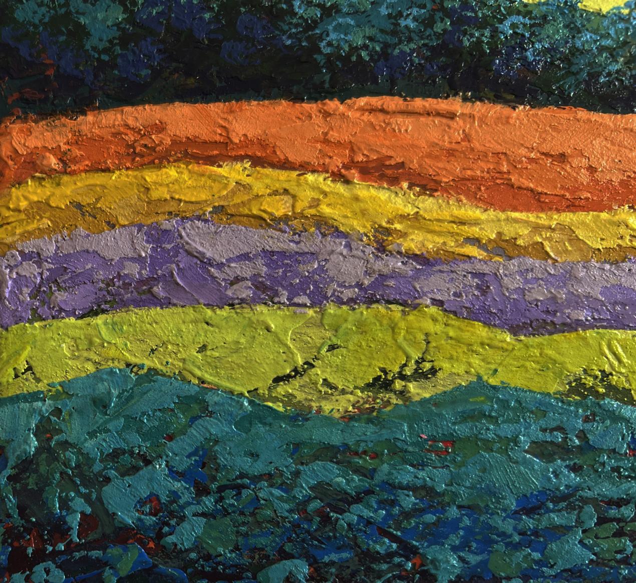 Vibrant oil painting of meadows and green forest by V. Zadorozhnya