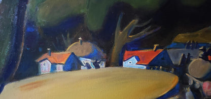 Oil painting by Faina Ukraine Daniil Litvinov: village with blue walls, red roofs, twilight sky
