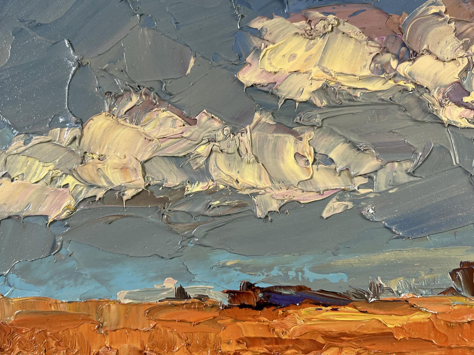 Impasto oil painting by Boris Serdyuk: gray-blue sky, pink clouds over orange terrain