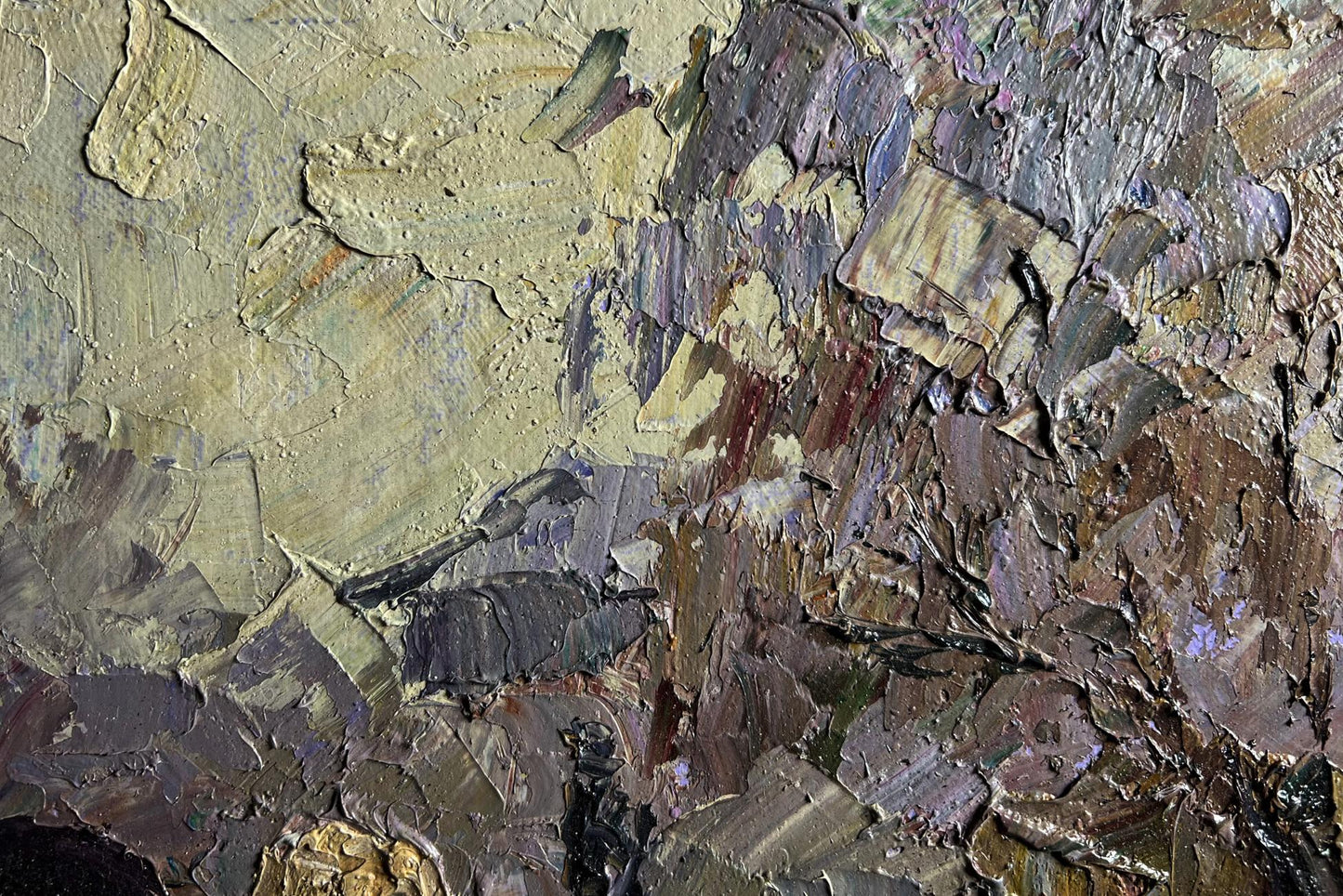 Oil painting Autumn morning fog by Boris Serdyuk, textured impasto in earthy tones