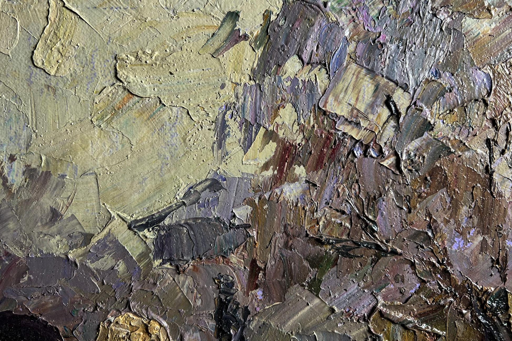 Oil painting Autumn morning fog by Boris Serdyuk, textured impasto in earthy tones
