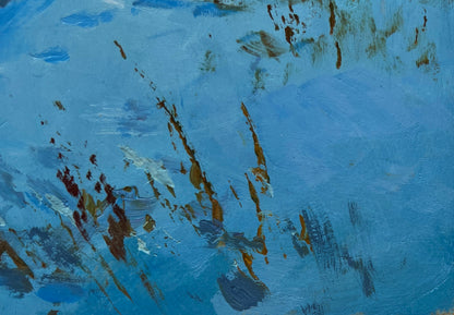Abstract blue and gold snowy path village oil painting by Yuriy Suprunchuk