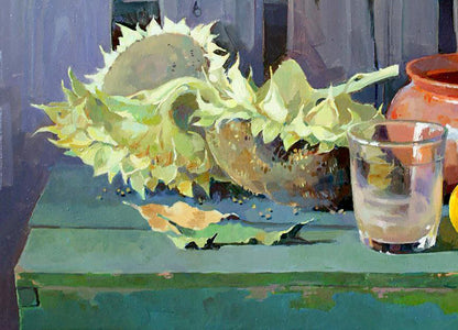 Oil painting of weathered pale yellow sunflower by Anastasia Yaroshevich