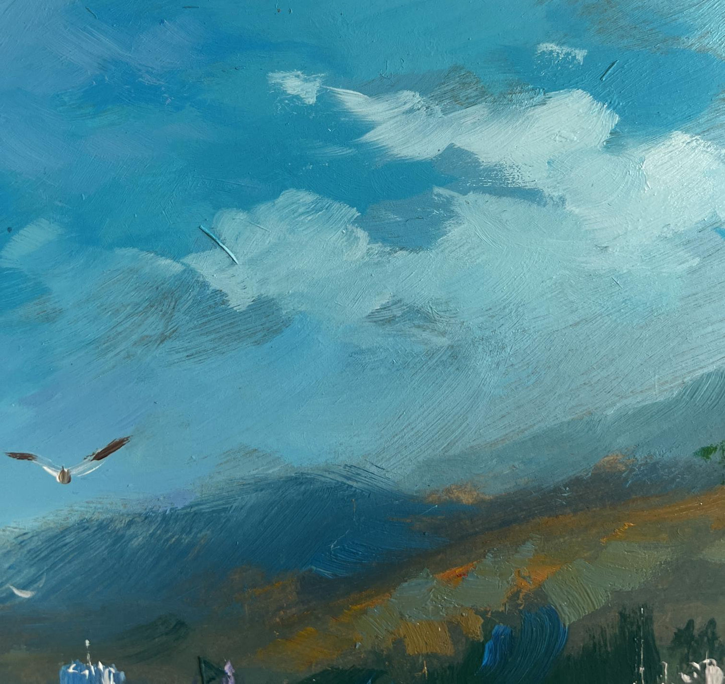 Oil painting Hidden Corner by the Sea by Yuriy Suprunchuk with swirling sky