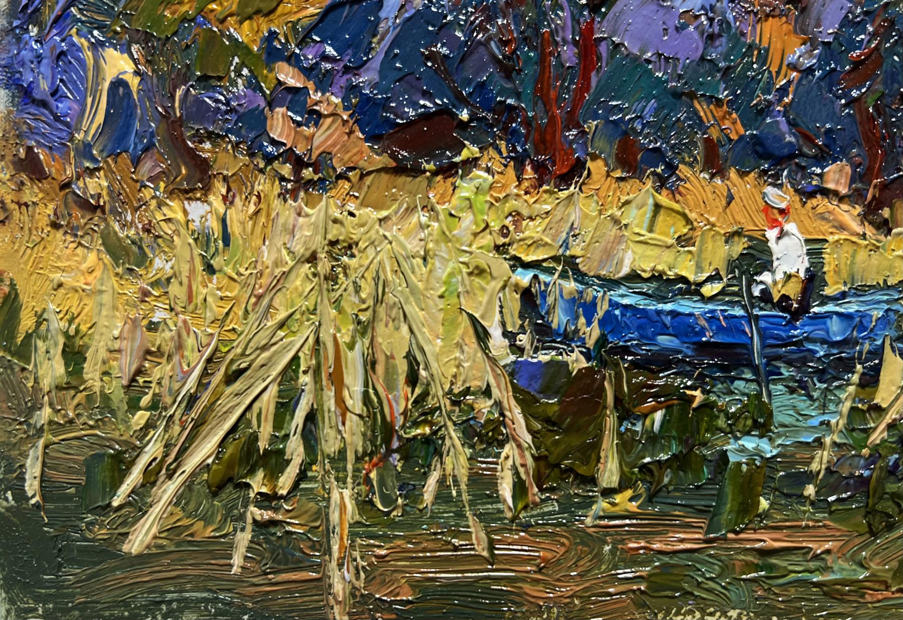 Oil painting of small white figure on boat among reeds by Oksana Ivanyuk