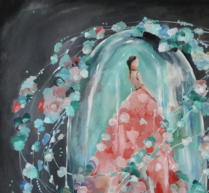 Oil painting Doll Victoria Kagalovska: woman in coral-pink gown under floral arch