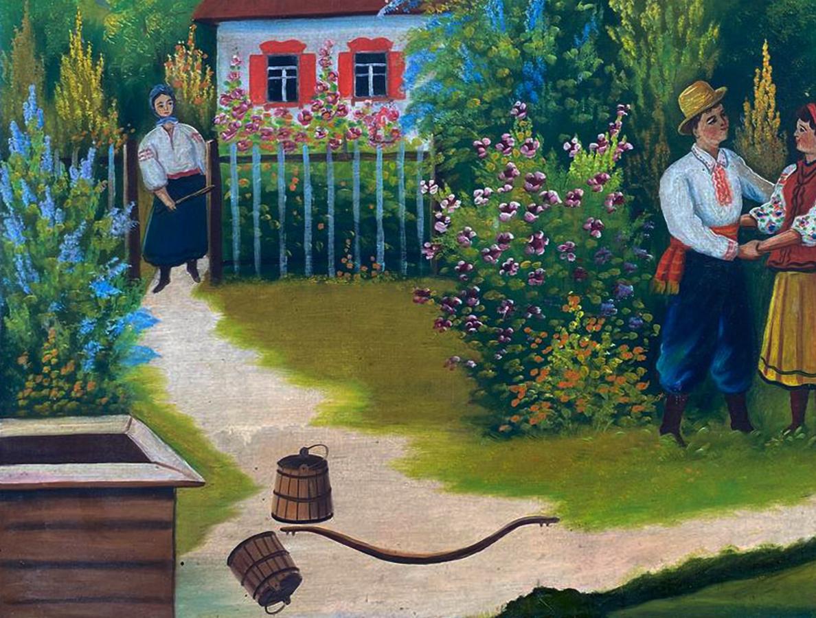 Oil painting of wooden bucket with metal handle near bridge by unknown artist