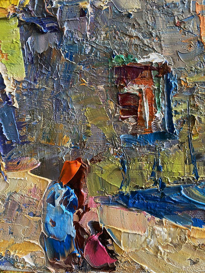 Oil painting Quiet city courtyard by Oleksiy Ivanyuk with orange hat figure
