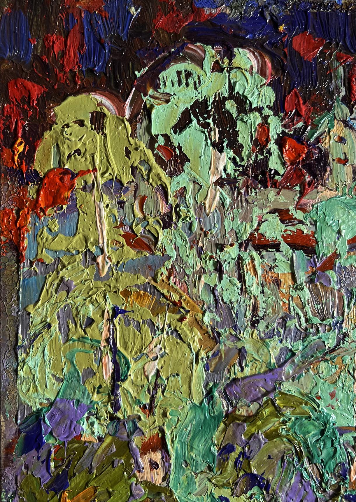 Vibrant oil painting City after the rain by Oleksiy Ivanyuk, green red impasto