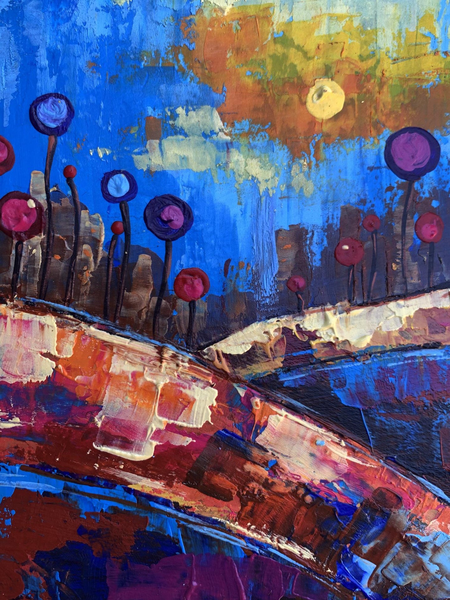 Vibrant oil painting A childhood dream by V. Zadorozhnya with bold blue orange purple circles