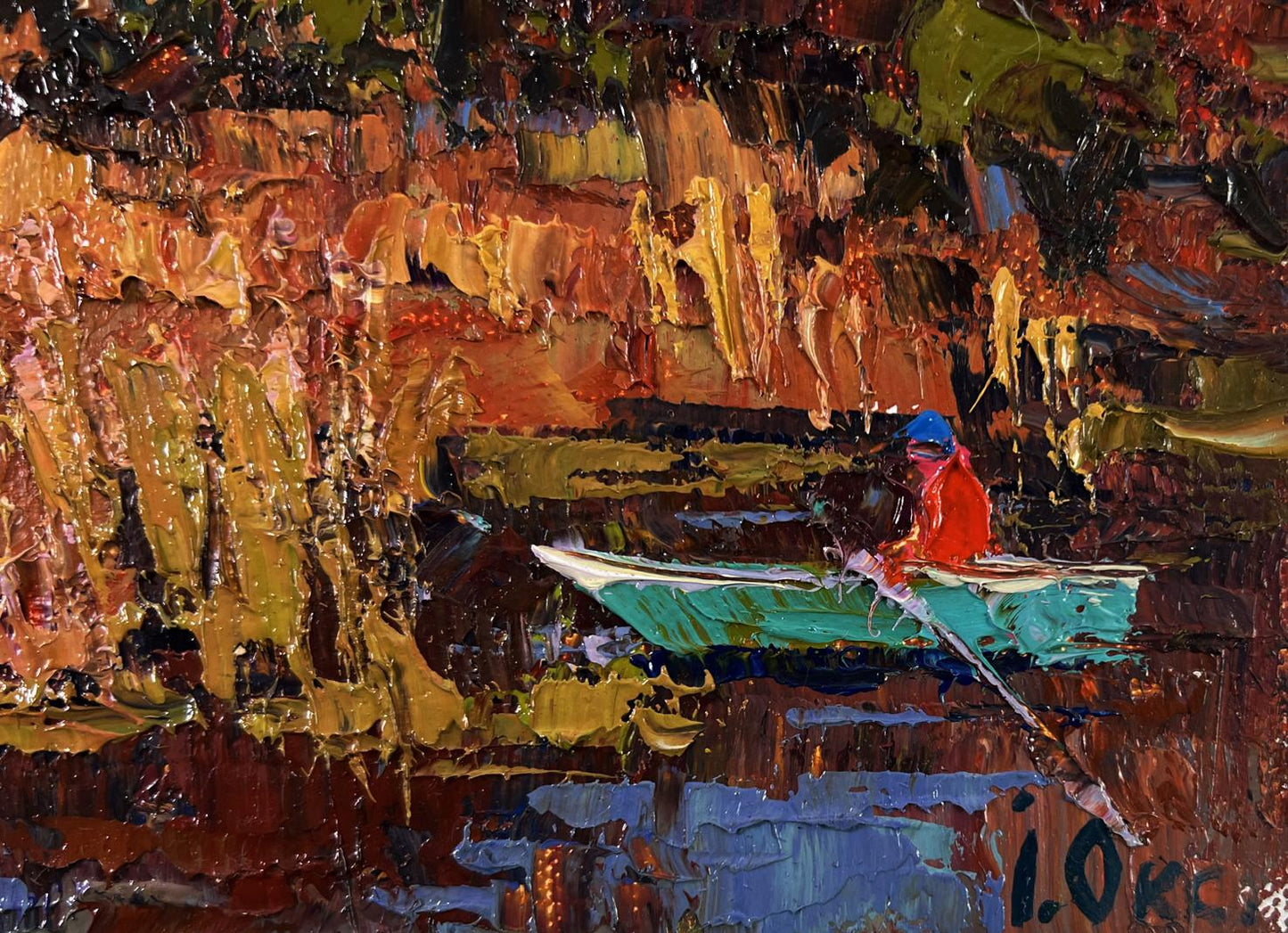 Oil painting A walk in the evening silence by Oksana Ivanyuk turquoise boat