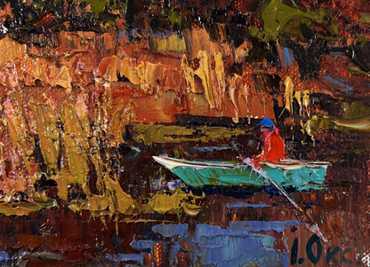 Oil painting A walk in the evening silence by Oksana Ivanyuk turquoise boat