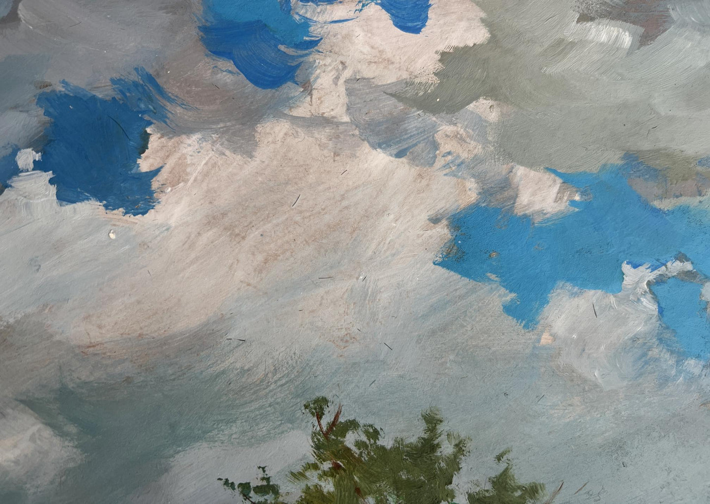 Oil painting of couple in flower field with cloudy blue sky by Yuriy Suprunchuk