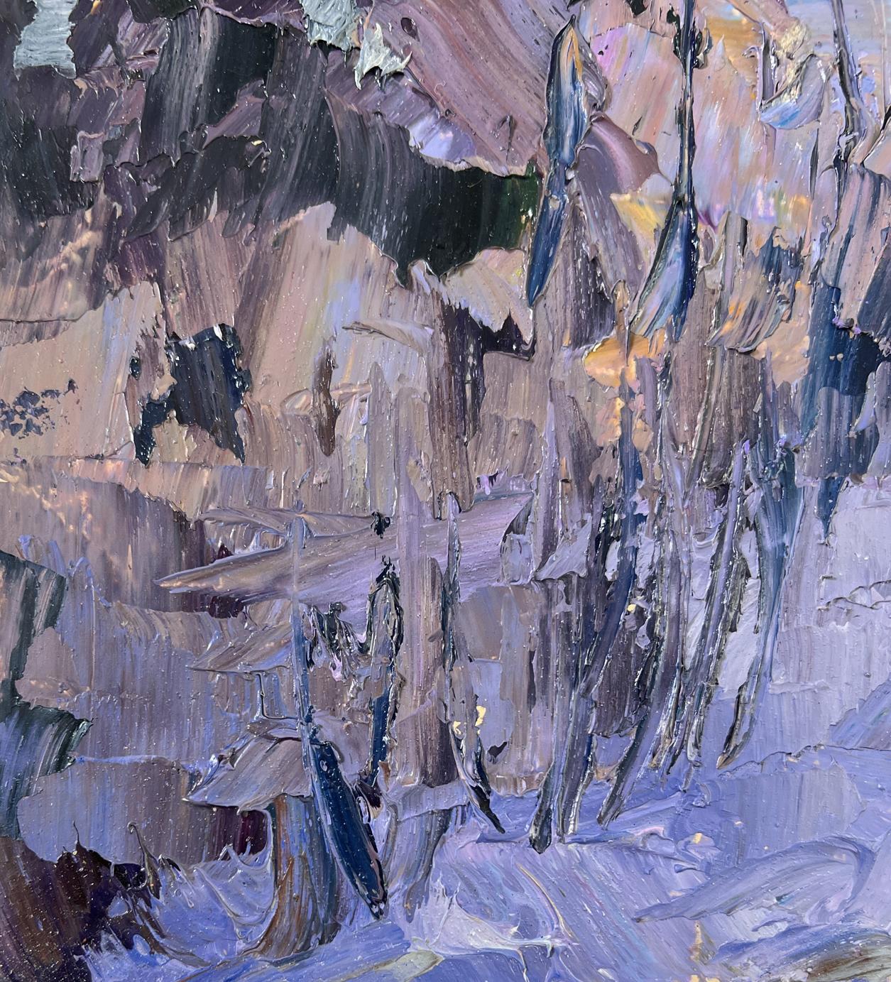 Abstract oil painting Among the winter trees by Boris Serdyuk in purple blue gray