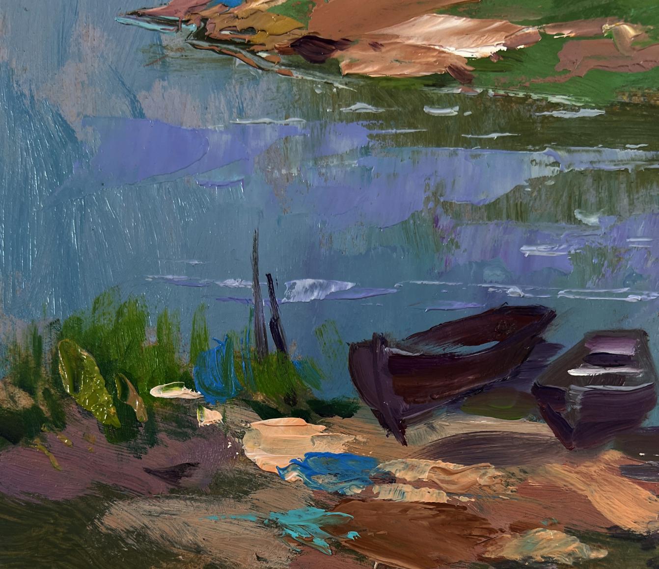 Oil painting of village on quiet shore with rowboats by Yuriy Suprunchuk